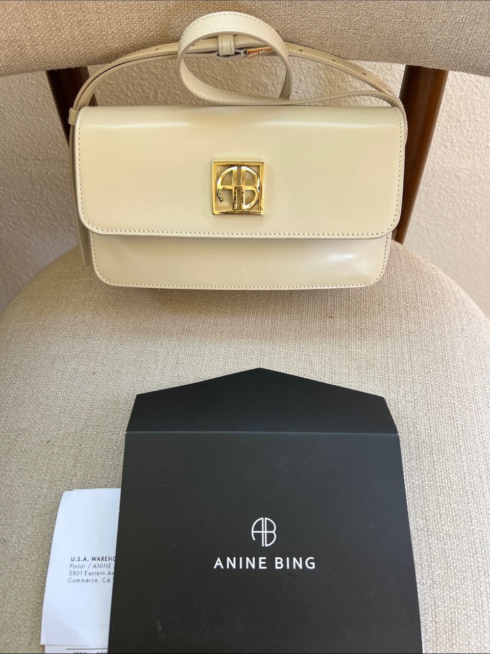 Anine Bing Cream Leather Shoulder Bag with Gold Logo Lock